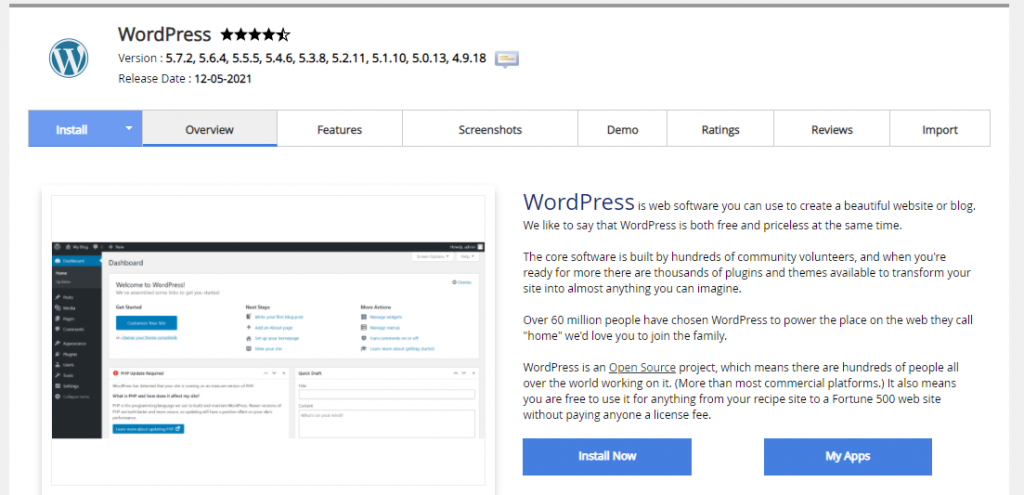 softaculous wordpress installer dashboard